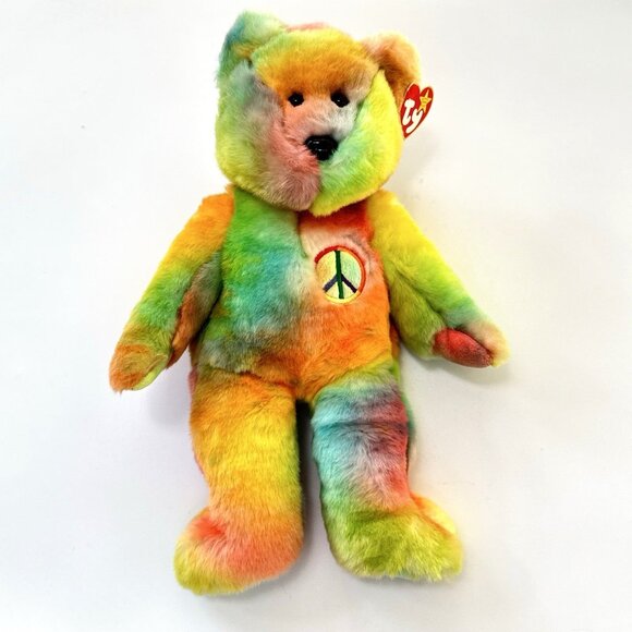 Peace Teddy Bear Tie Dye 1999 Embroidered Emblem 14" Vtg TY Beanie Buddy - Picture 1 of 9